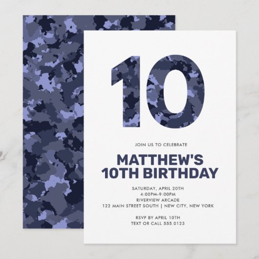 10e verjaardag, Blue Camo Personalized Party Kaart (Voorkant / Achterkant)