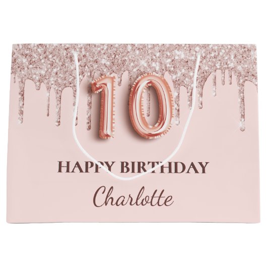 10e verjaardag blush roze glitter druppels groot cadeauzakje (Voorkant)