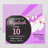 10e verjaardag bowlingfeest paarse roze kaart (Voorkant / Achterkant)