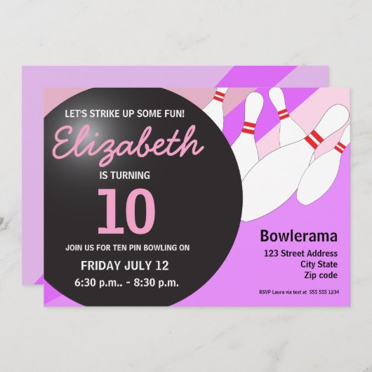 10e verjaardag bowlingfeest paarse roze kaart (Voorkant / Achterkant)