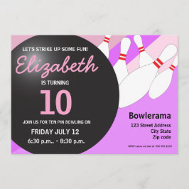 10e verjaardag bowlingfeest paarse roze kaart