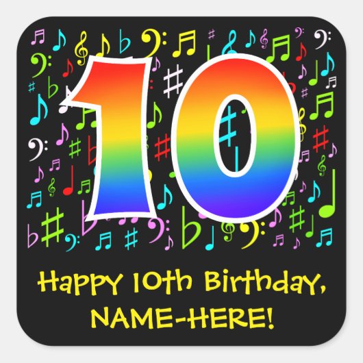 10e verjaardag: Colorful Music Symbols, Rainbow 10 Vierkante Sticker (Voorkant)