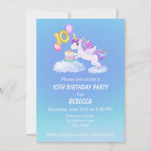 10e verjaardag Eenhoorn met taart uitnodiging (Voorkant)