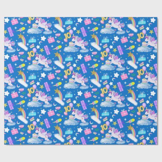 10e verjaardag Eenhoorn Patroon Blauw Cadeaupapier (Vlak)