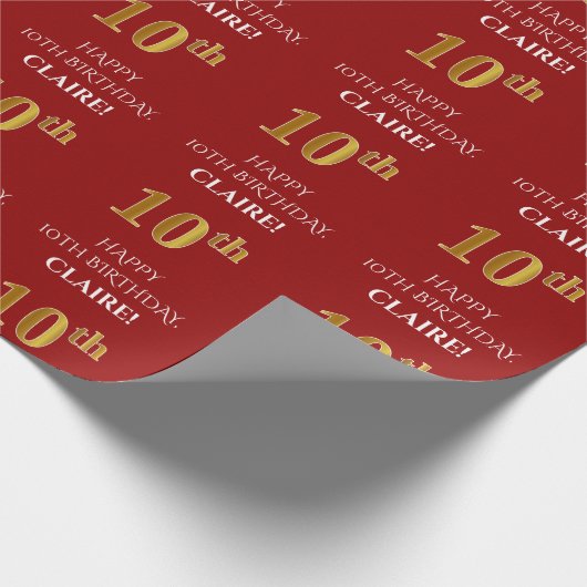 10e verjaardag: Elegant, Rood, Faux Gold look Cadeaupapier (Hoek)
