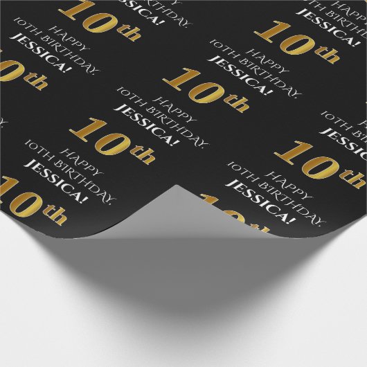 10e verjaardag: Elegant, zwart, Faux Gold look Cadeaupapier (Hoek)