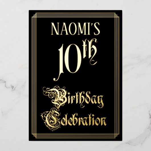 10e verjaardag — Fancy script en aangepaste naam Folie Uitnodiging (Voorkant)