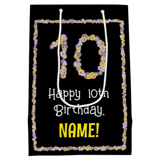 10e verjaardag: Floral Flowers Number, Custom Name Medium Cadeauzakje (Achterkant)