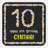 10e verjaardag: Floral Flowers Number, Custom Name Vierkante Sticker (Voorkant)