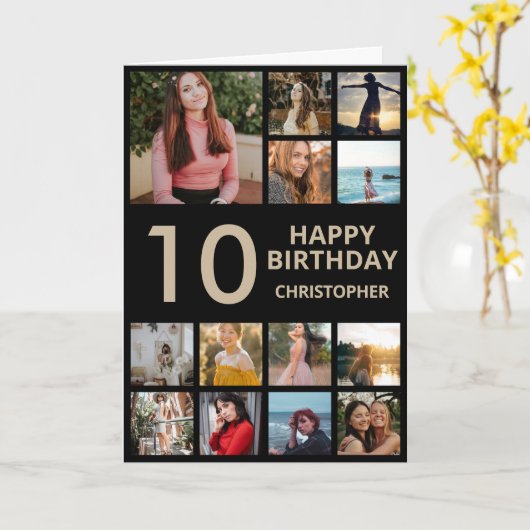 10e verjaardag Foto Collage 13 Foto's Black & Gold Kaart (Gele Bloem)