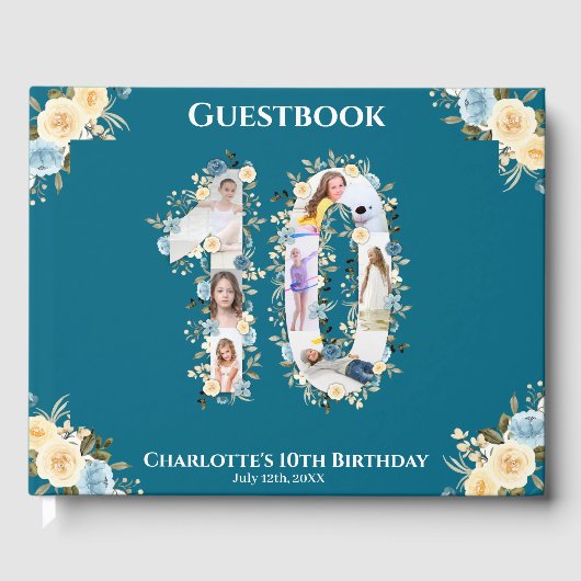 10e verjaardag Foto Collage Blauwgroen Yellow Flow Gastenboek (Voorkant)