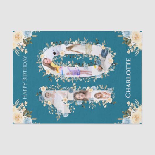 10e verjaardag Foto Collage Blauwgroen Yellow Flow Tissuepapier (Voorkant)