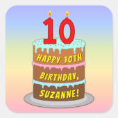 10e verjaardag: Fun Cake and Candles + Custom Name Vierkante Sticker (Voorkant)