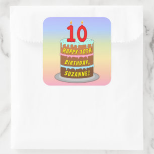 10e verjaardag: Fun Cake and Candles + Custom Name Vierkante Sticker