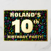 10e verjaardag — Fun, Colorful Music Symbols Folie Uitnodiging (Voorkant)