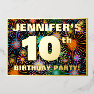 10e verjaardag — Fun, kleurrijke Fireworks look Folie Uitnodiging