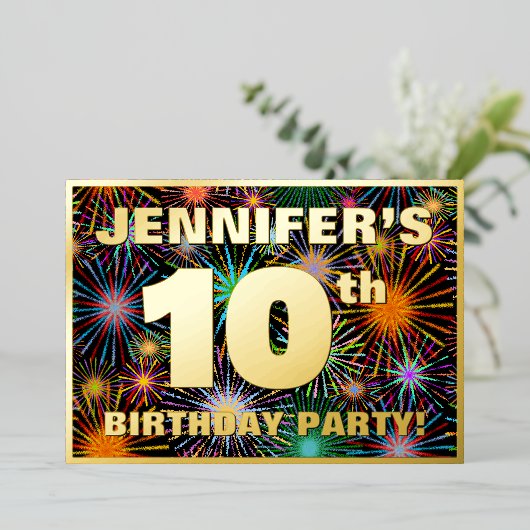 10e verjaardag — Fun, kleurrijke Fireworks look Folie Uitnodiging (Staand Voorkant)