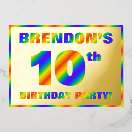 10e verjaardag - Fun, regenboogspectrum "10" Folie Uitnodiging (Voorkant)