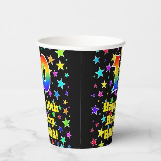 10e verjaardag: Fun Stars Pattern en Rainbow 10 Papieren Bekers (Rechts)