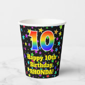 10e verjaardag: Fun Stars Pattern en Rainbow 10 Papieren Bekers (Voorkant)