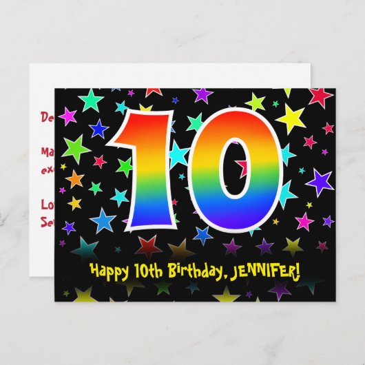 10e verjaardag: Fun Stars Pattern, Rainbow 10, Naa Briefkaart (Voorkant / Achterkant)