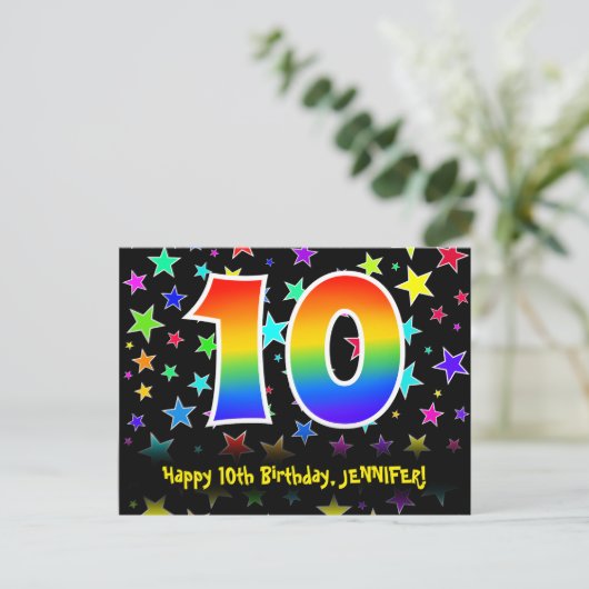 10e verjaardag: Fun Stars Pattern, Rainbow 10, Naa Briefkaart (Staand voorkant)