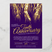 10e verjaardag glamour party gouden paarse palmen folie uitnodiging (Voorkant)