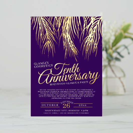 10e verjaardag glamour party gouden paarse palmen folie uitnodiging (Staand Voorkant)