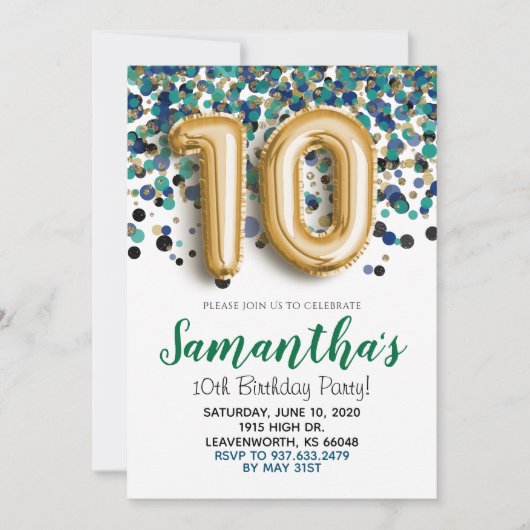 10e verjaardag Gold Confetti Invitation Kaart (Voorkant)