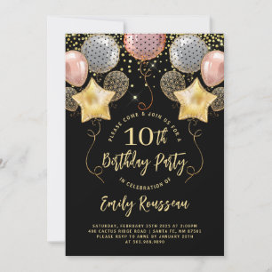 10e verjaardag Gold Glitter Confetti Balloons Blac Kaart