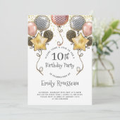 10e verjaardag Gold Glitter Confetti Balloons Blac Kaart (Staand voorkant)