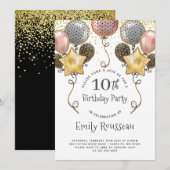 10e verjaardag Gold Glitter Confetti Balloons Blac Kaart (Voorkant / Achterkant)