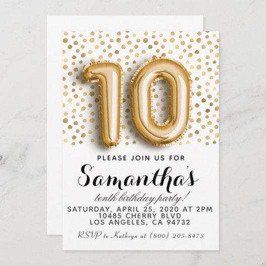 10e verjaardag Gold Polkadot uitnodiging (Voorkant / Achterkant)