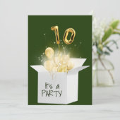 10e verjaardag goudballonnen in witte doos kaart (Staand voorkant)