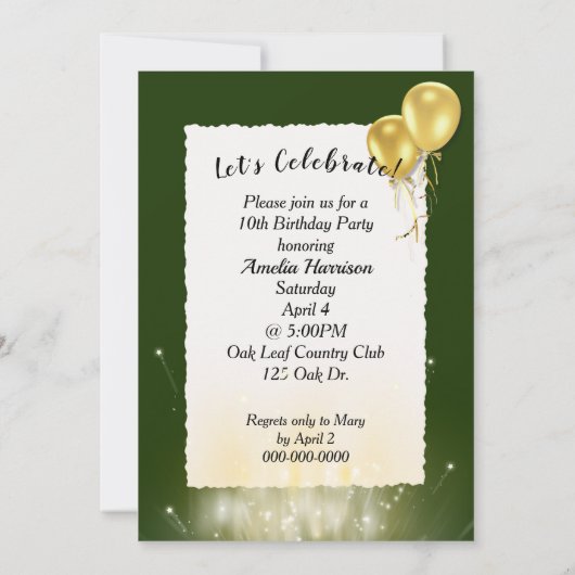 10e verjaardag goudballonnen in witte doos kaart (Achterkant)