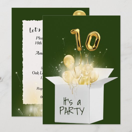 10e verjaardag goudballonnen in witte doos kaart (Voorkant / Achterkant)