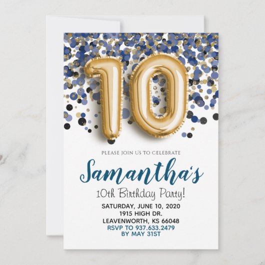10e verjaardag gouden confetti uitnodiging (Voorkant)