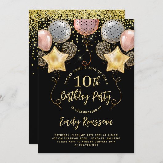 10e verjaardag Gouden Glitter Confetti Ballonnen Z Kaart (Voorkant / Achterkant)