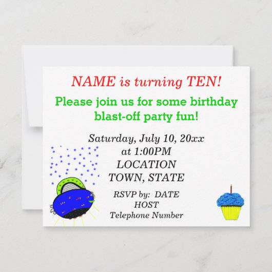 10e verjaardag groene robot Boy and Spaceship Star Kaart (Achterkant)