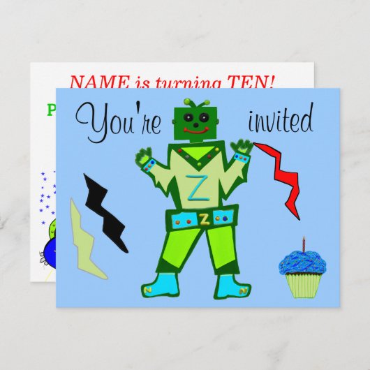 10e verjaardag groene robot Boy and Spaceship Star Kaart (Voorkant / Achterkant)