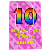 10e verjaardag: Leuke roze harten strepen; Regenbo Medium Cadeauzakje (Voorkant)