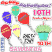 10e verjaardag meisje ballonnen cupcake vinyl sticker (Voorkant)