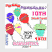 10e verjaardag meisje ballonnen cupcake vinyl sticker (Vel)