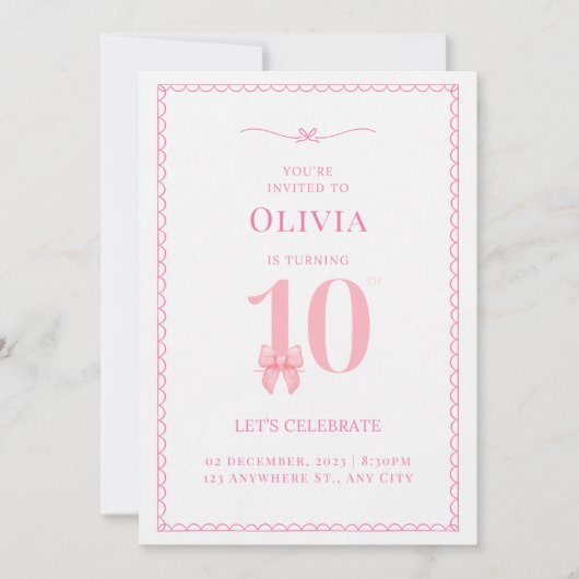 10e Verjaardag Meisje Roze Boog Uitnodiging (Voorkant)