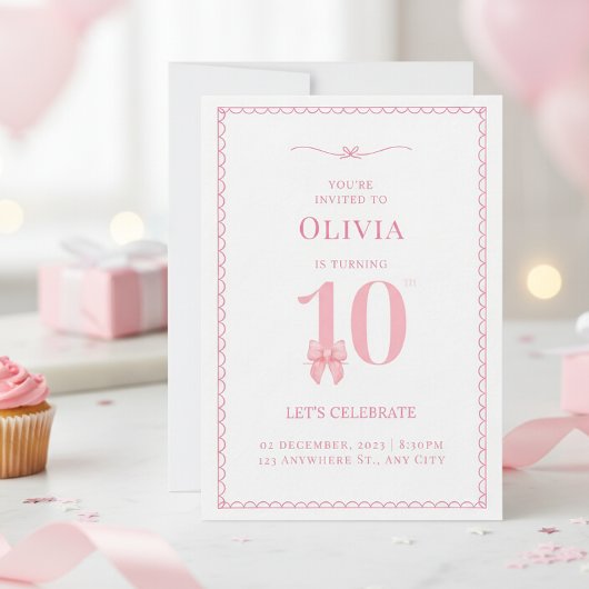 10e verjaardag meisje roze strik uitnodiging