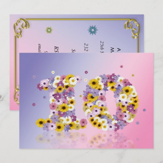 10e verjaardag, met bloemen letters kaart (Voorkant / Achterkant)