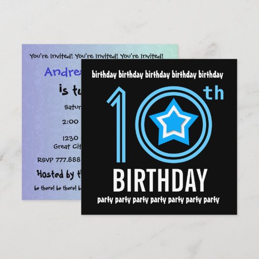 10e verjaardag Moderne Blauw en zwart W689 Kaart (Voorkant / Achterkant)