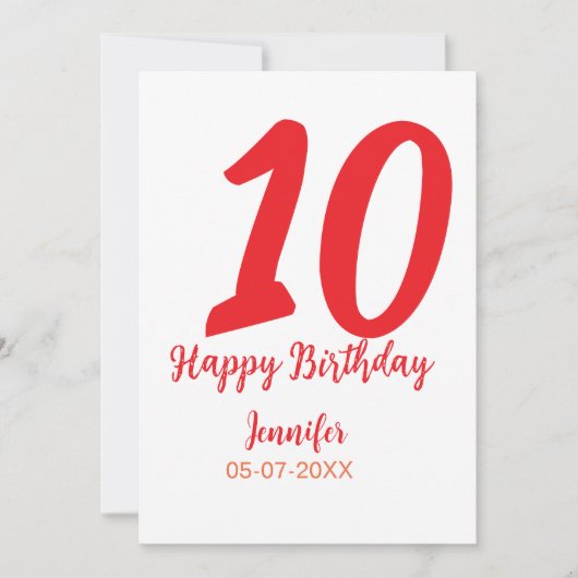10e verjaardag naam datum jaar rode sjabloon kaart (Voorkant)