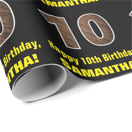 10e verjaardag: Naam & Faux Wood Grain Patroon "10 Cadeaupapier (Rol Hoek)