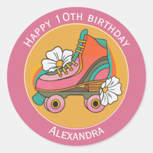 10e verjaardag naam roller schaats  schattige roze ronde sticker